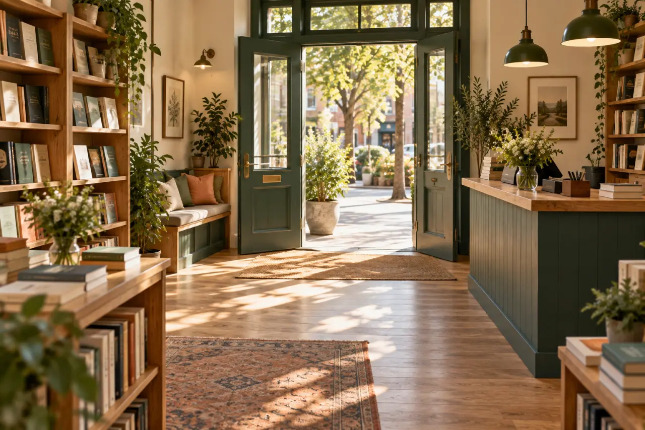 Illustrative warm bookstore entrance with a clear path inside and natural light