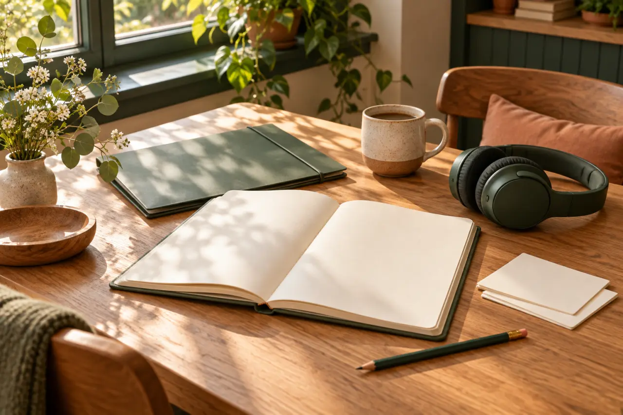 Illustrative tabletop with notebooks and simple materials for planning a visit